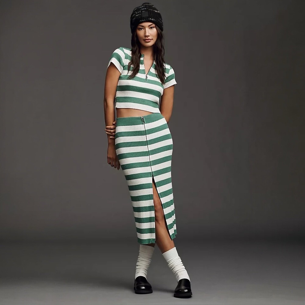 Daily‎ Practice Anthropologie Striped Knit Skirt Top Set Zippered Ribbed Sz L